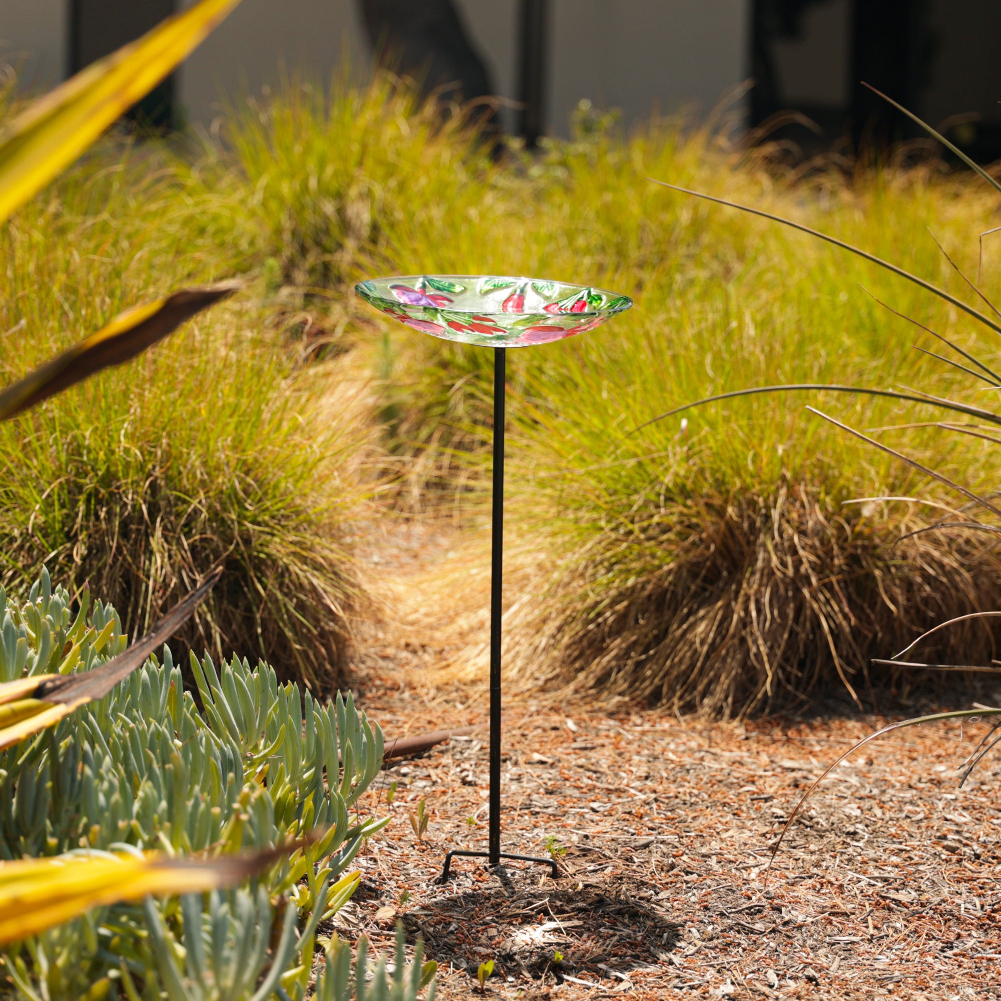Glass Stake Birdbath with Flowers and Hummingbird