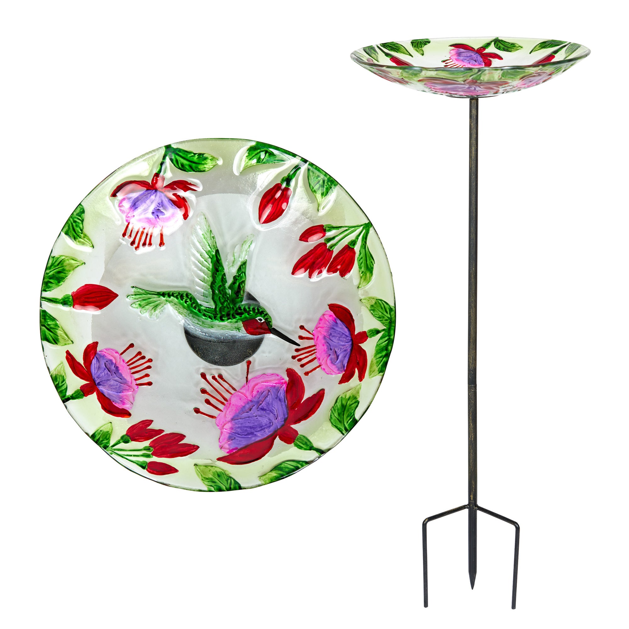 Glass Stake Birdbath with Flowers and Hummingbird